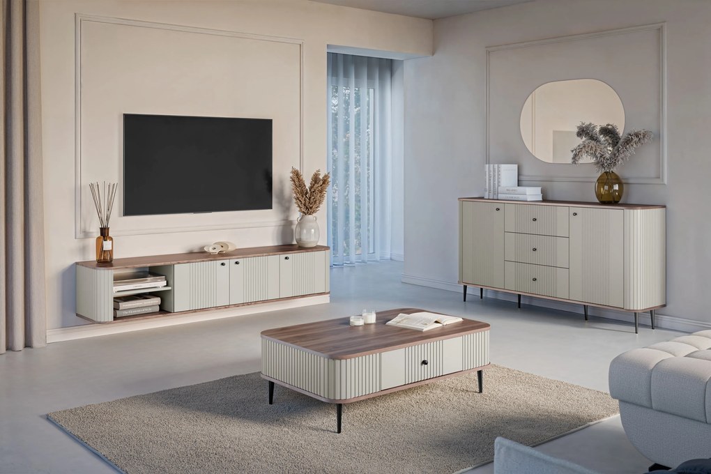 Comodă TV suspendată Vesper 187 cm trei uși - casmir / nuc / mânere negre