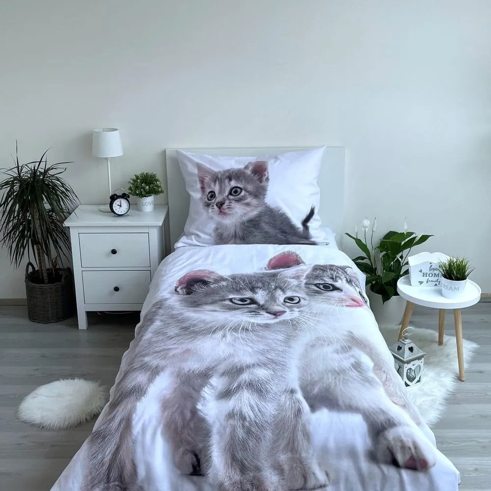 Lenjerie de pat pentru copii albă-gri din bumbac pentru pat de o persoană 140x200 cm Kitten "Grey" – Jerry Fabrics