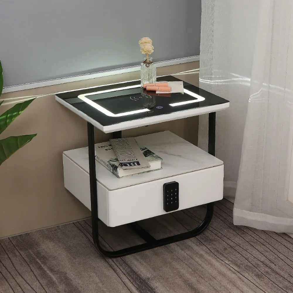 RESIGILAT- Noptieră inteligentă multifuncțională, încărcare Wireless, port USB, iluminare LED touch în 3 culori, sertar tip seif, blocare cu parolă, Alb