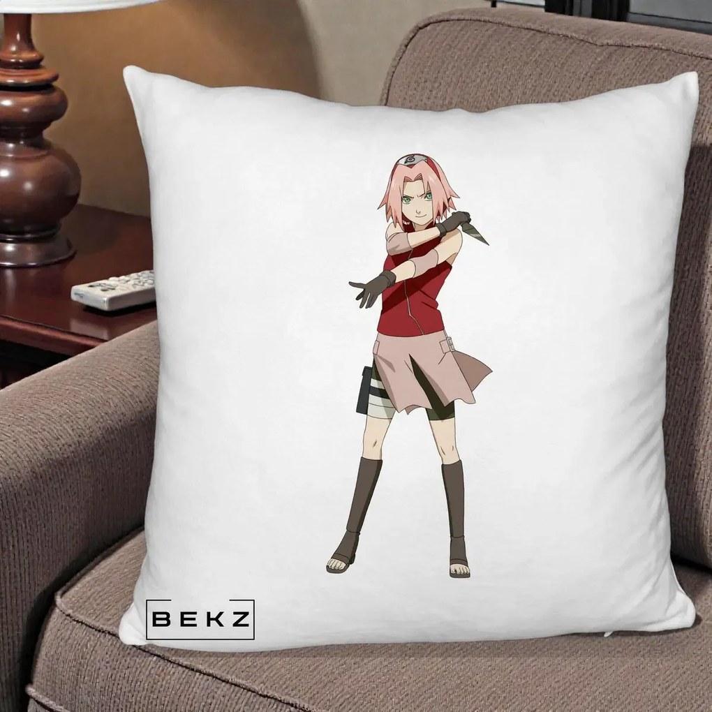 Perna Personalizata Naruto Sakura Haruno Portret, 40x40 cm, Alb Pufos, Husa Detasabila, Perna Inclusa, BEKZ®