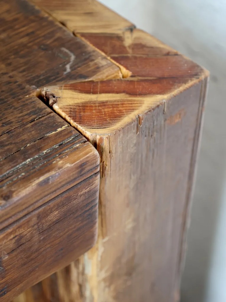 Consolă hol rustică din lemn reciclat, natur, îngustă, cu blat gros și picioare masive, piesă unicat, 76 x 122 x 26 cm, „Grimaud”