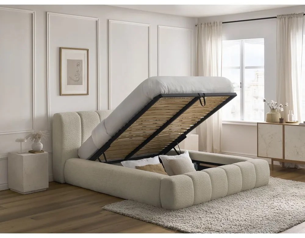 Pat matrimonial bej tapițat cu spațiu de depozitare cu somieră 140x190 cm Denali – Bobochic Paris