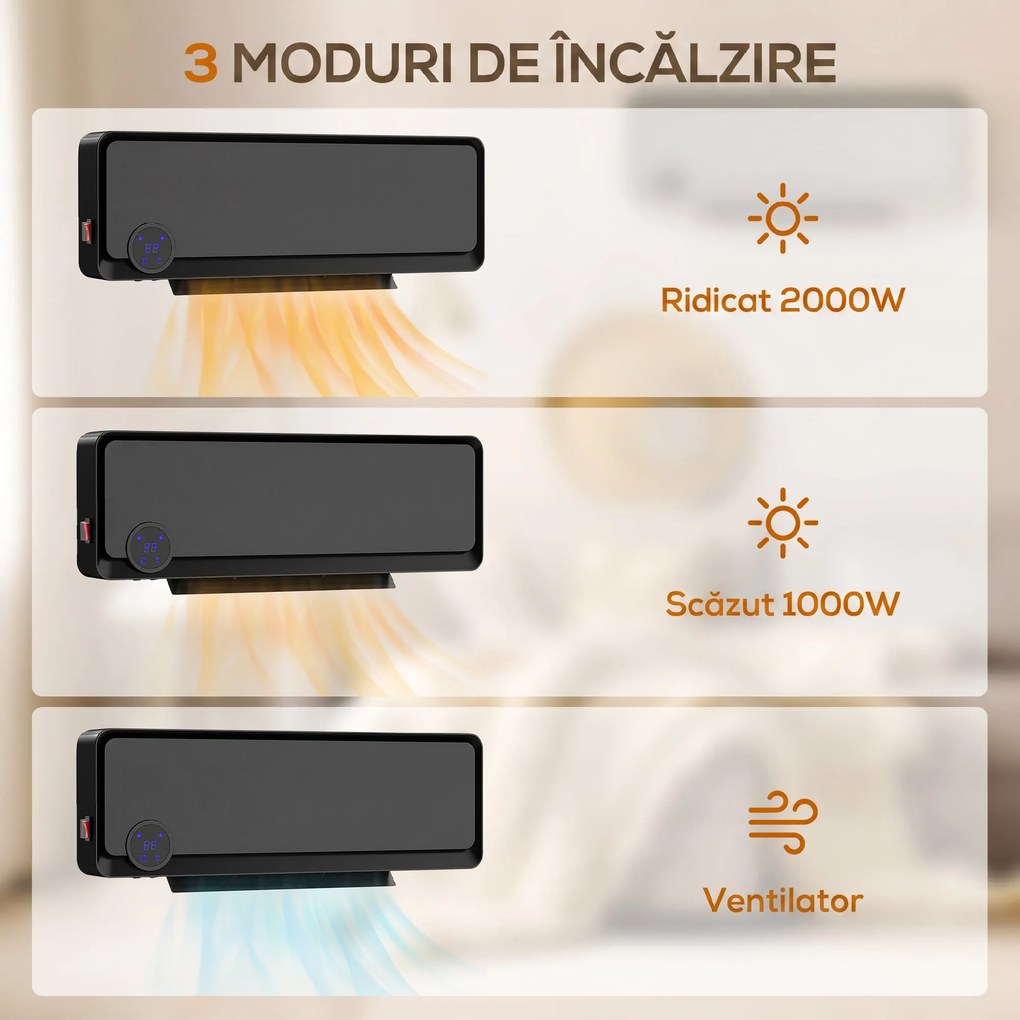 HOMCOM Încălzitor electric de perete cu 3 moduri, Negru | Aosom Romania