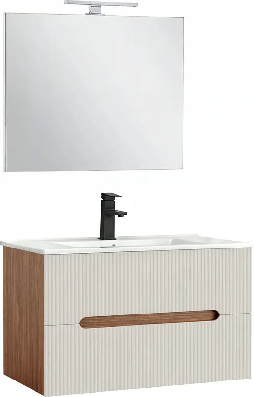 Trent Mobilier de baie 80 cm lavoar ceramic (2 sertare) cu oglindă 60x80 cm sunset stejar-alb