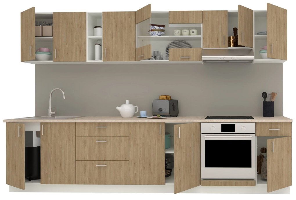 Set Bucatarie Karo V28, Lemn Natural/Alb, Blat Thermo 28 mm, L 320 cm