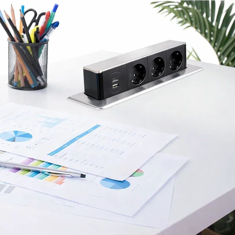 Priza incorporabila in blat Hop Box Design Light, 3 prize Schuko, USB A + C, otel inoxidabil periat   negru, 273 x 93 mm Metal Plastic, Otel