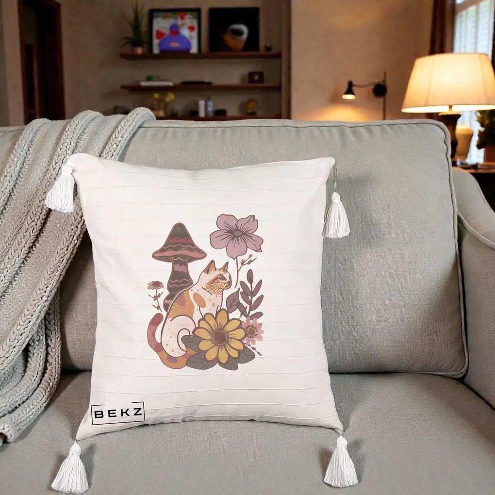 Perna Decorativa Pisica Vintage Florala Boho, 40x40 cm, Bej cu Franjuri, Husa Detasabila, Perna Inclusa, BEKZ®