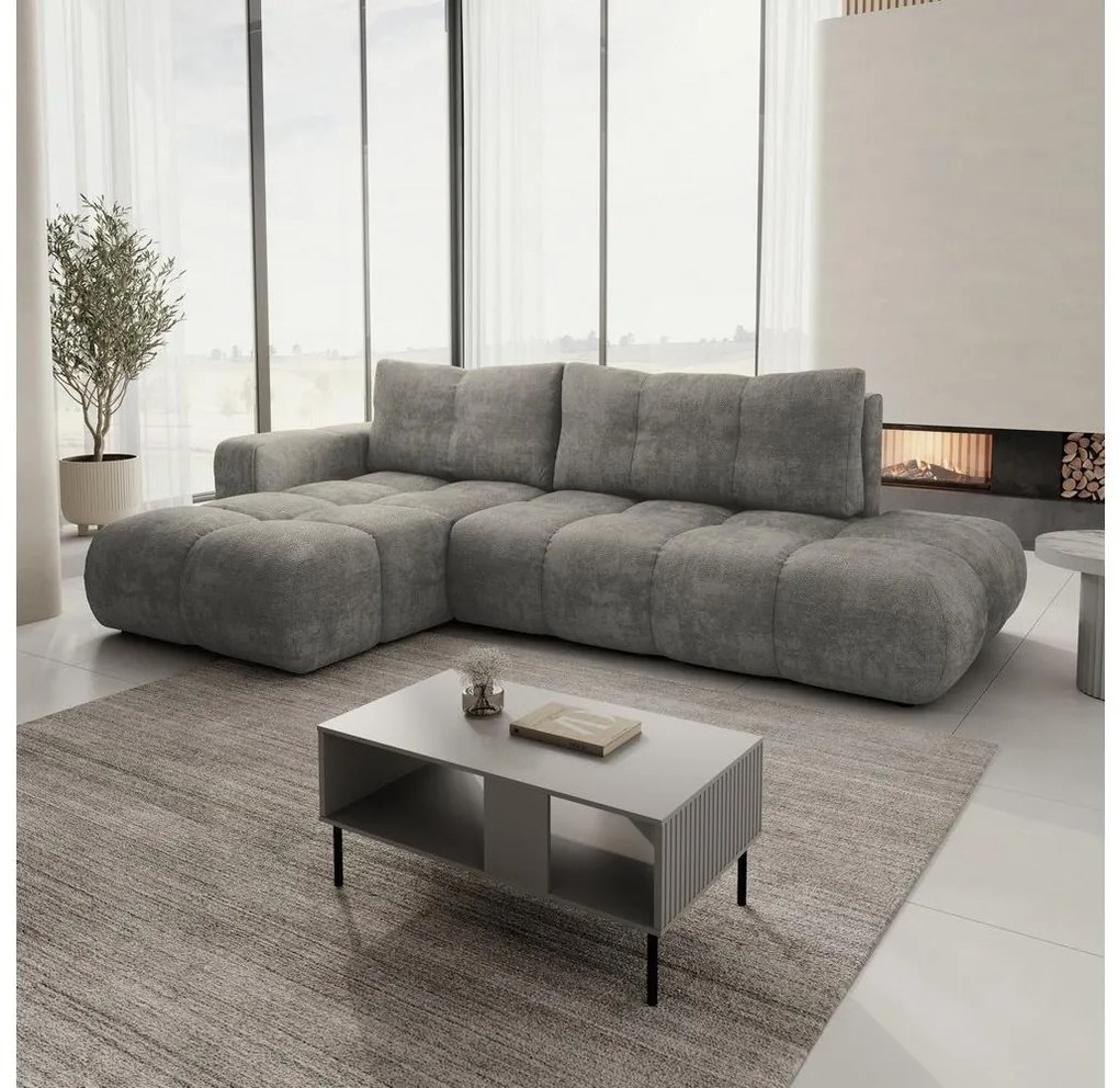 Colțar extensibil ALMADA, tapițat, cu spațiu de depozitare, orientare stânga, gri