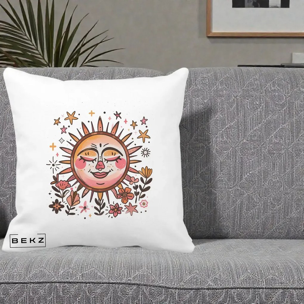 Perna Decorativa Soare Retro Boho Floral, 40x40 cm, Alba Mata, Husa Detasabila, Perna Inclusa, BEKZ®