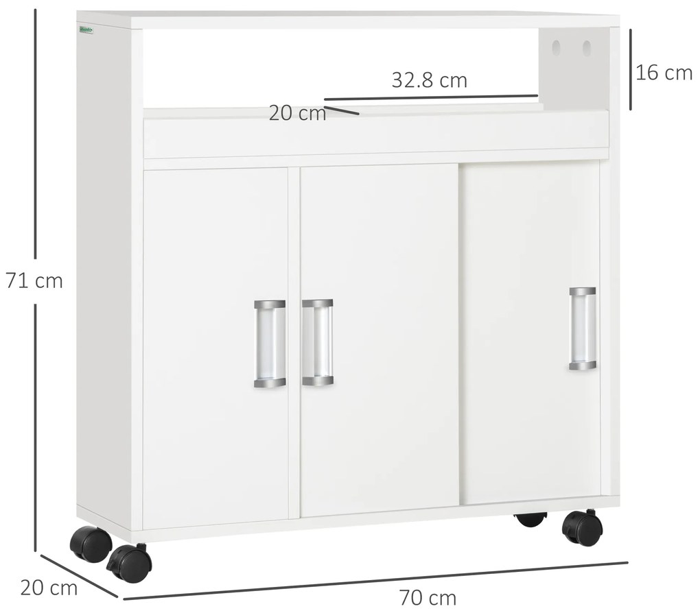 Kleankin Dulap Mobil Baie, Uși Glisante, Raft Reglabil, 4 Roți, PAL și Aluminiu, 70x20x71cm, Alb | Aosom Romania