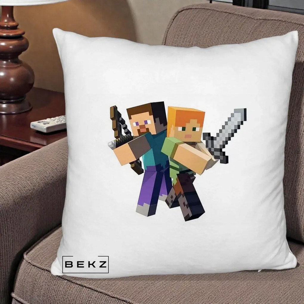 Perna Personalizata Minecraft Steve si Alex, 40x40 cm, Alb Pufos, Husa Detasabila, Perna Inclusa, BEKZ®
