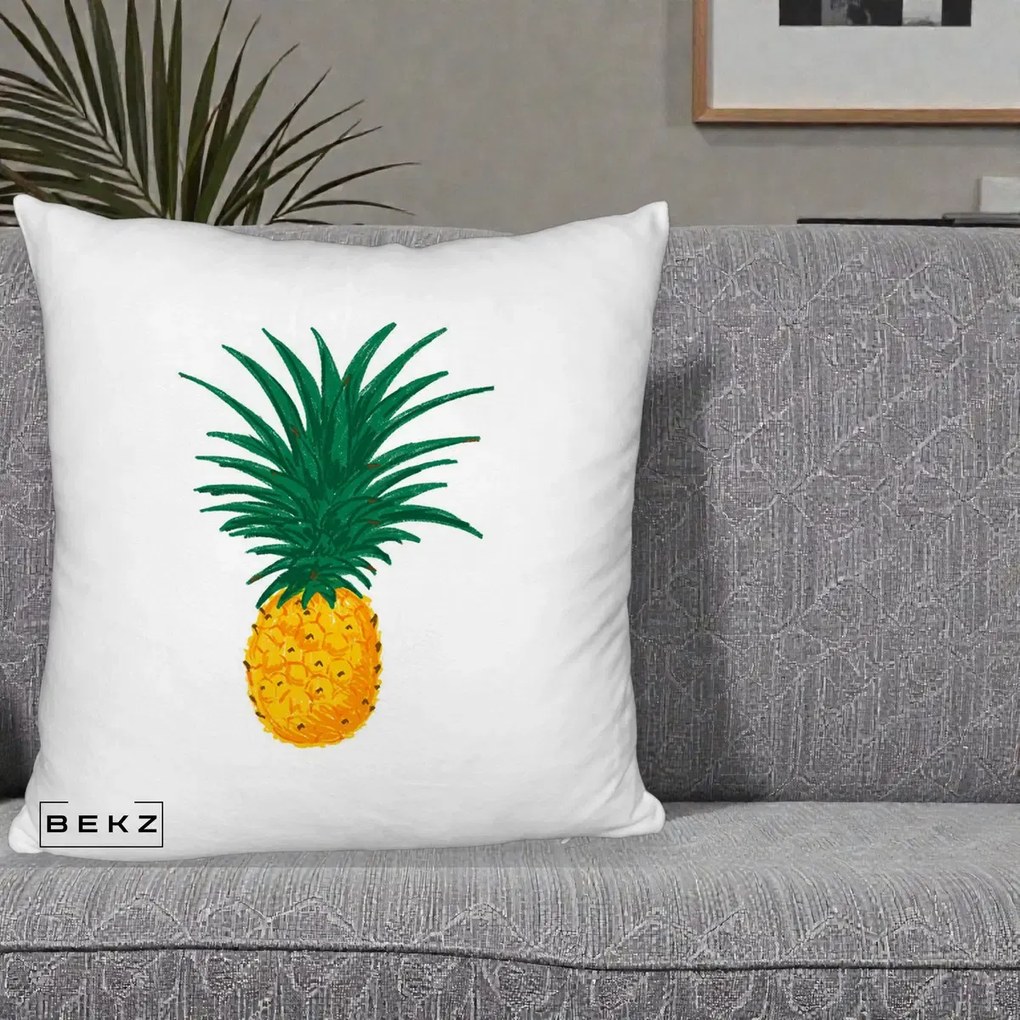 Perna Decorativa Ananas Tropical, 40x40 cm, Alb Pufos, Husa Detasabila, Perna Inclusa, BEKZ®
