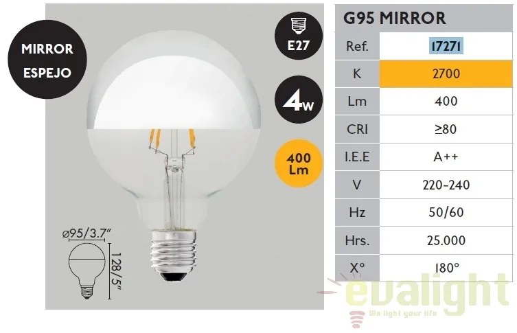 Bec LED decorativ G95 MIRROR E27 4W 2700K 17271