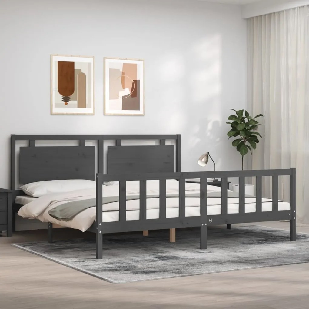 3192188 vidaXL Cadru pat cu tăblie 200x200 cm, gri, lemn masiv