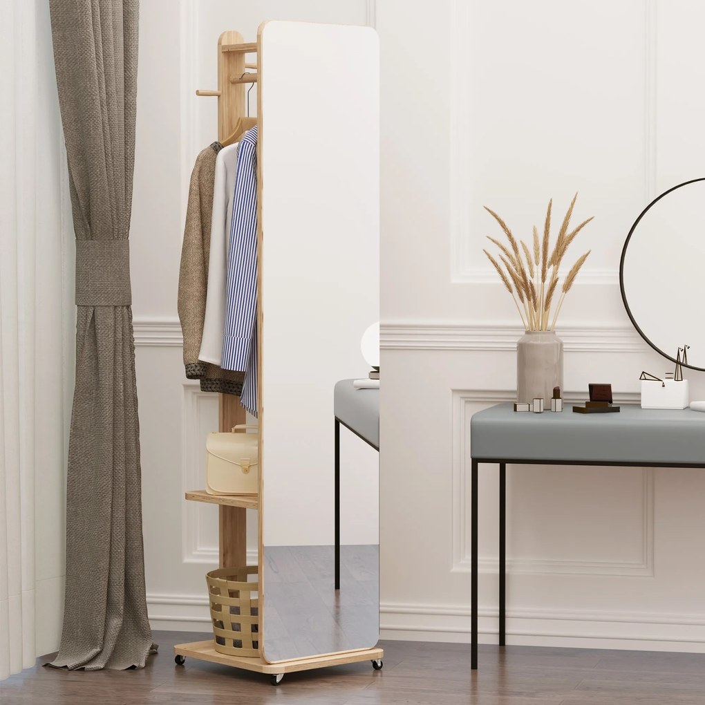 HOMCOM Oglindă de podea cu roți - Suport, 4 cârlige, raft MDF aspect lemn deschis | Aosom Romania