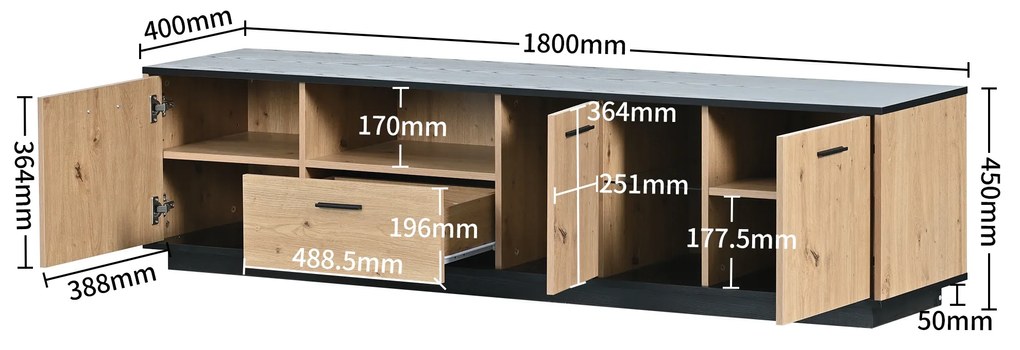Comodă TV cu O Sertar, Trei Uși și Două Rafturi din Sticlă, Iluminare LED cu 15 Culori Variabile, 180x40x45 cm, Negru+ Natural