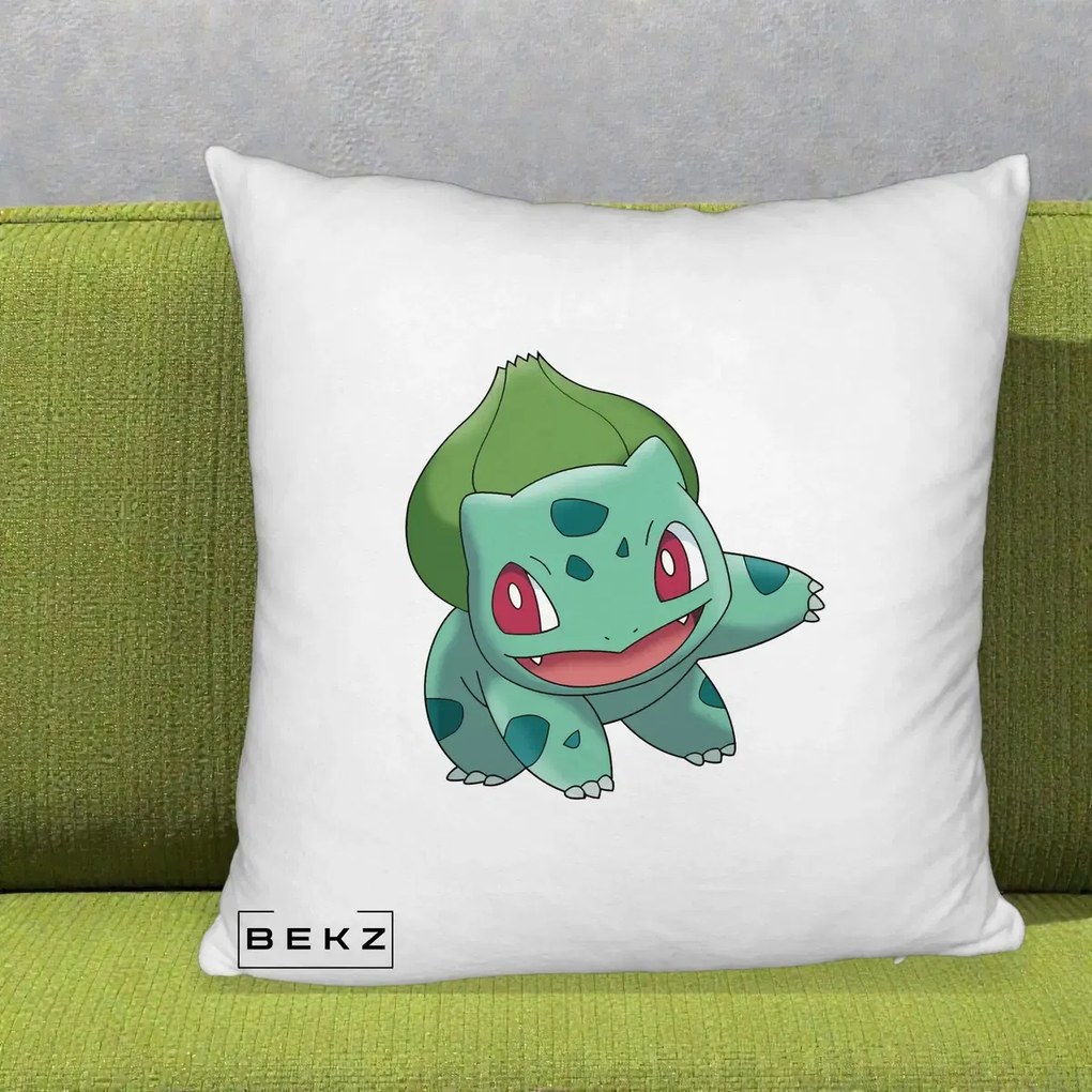 Perna Personalizata Bulbasaur Pokemon, 40x40 cm, Alb Pufos, Husa Detasabila, Perna Inclusa, BEKZ®