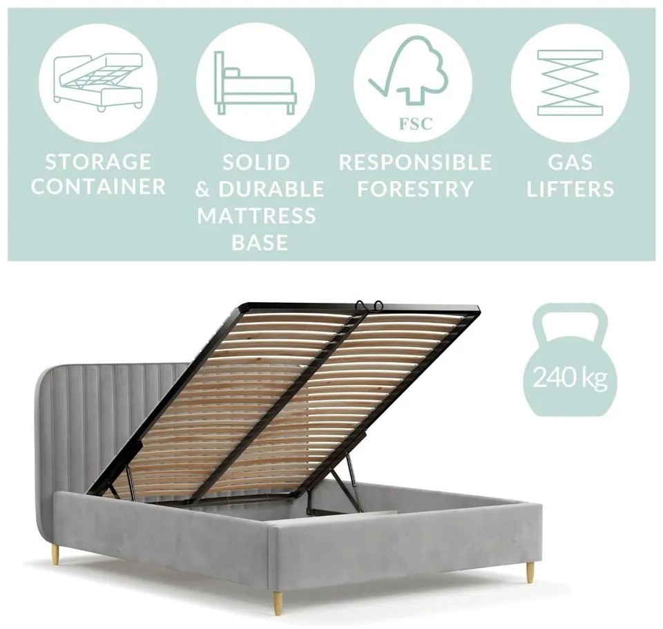 Pat matrimonial gri tapițat cu spațiu de depozitare cu somieră 160x200 cm Noto – Maison de Rêve