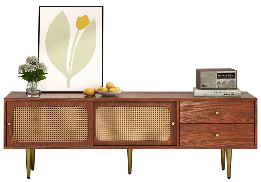 Mobilier TV elegant cu uși glisante din ratan, Culoare naturală | Aosom Romania