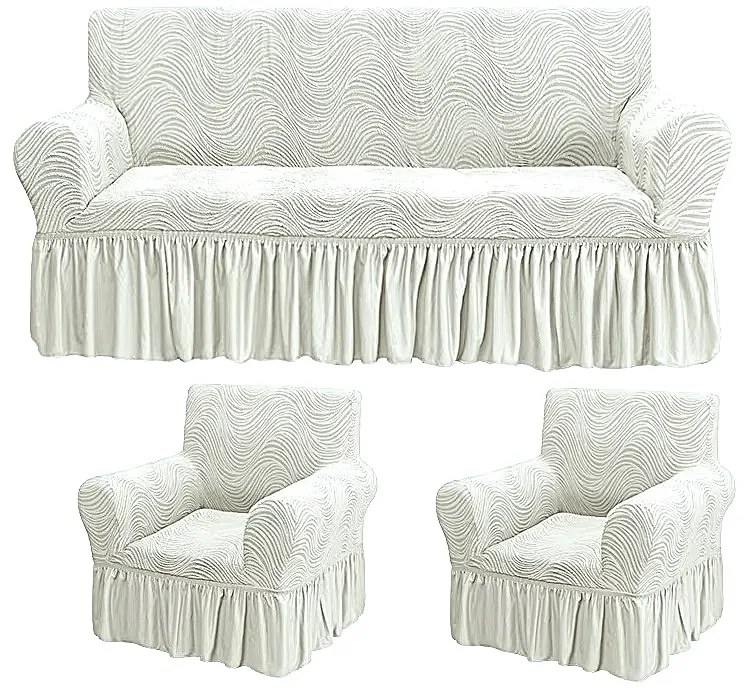 Set huse elastice pentru canapea 3 Locuri si 2 fotolii, cu volanas, model Jacquard Alb in dungi