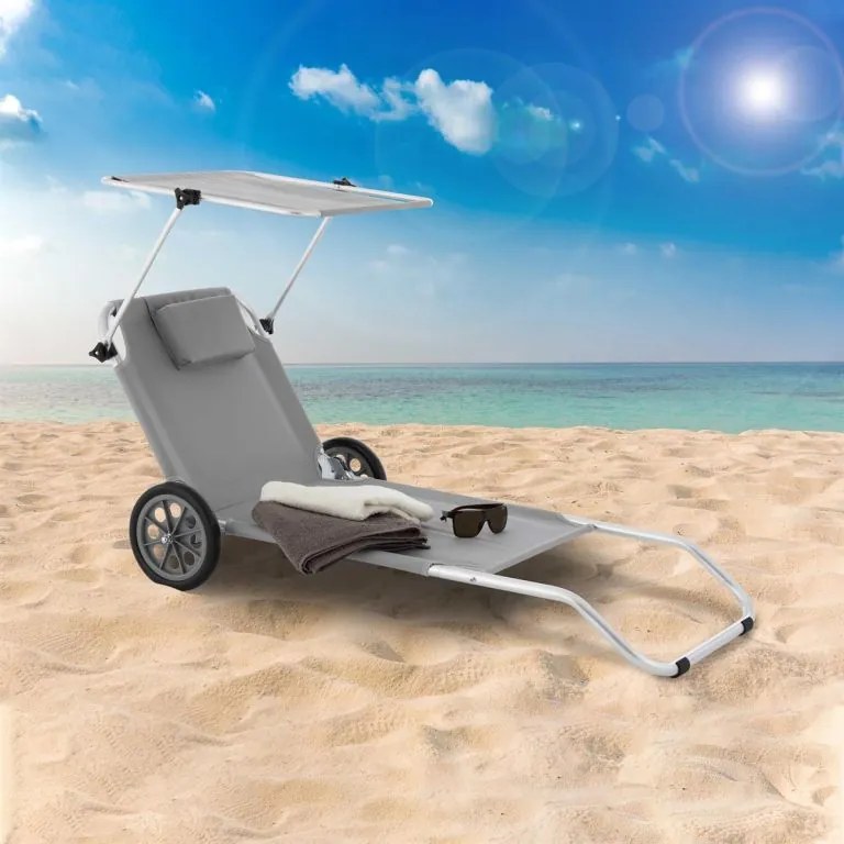 Șezlong de grădină pliabil cu roți și copertină, gri