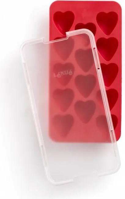 Forma cuburi de gheata cu capac Lekue 1010244, 23x12x3 cm, 14 inimioare, Stearin, -40°C / +60°C, Rosu