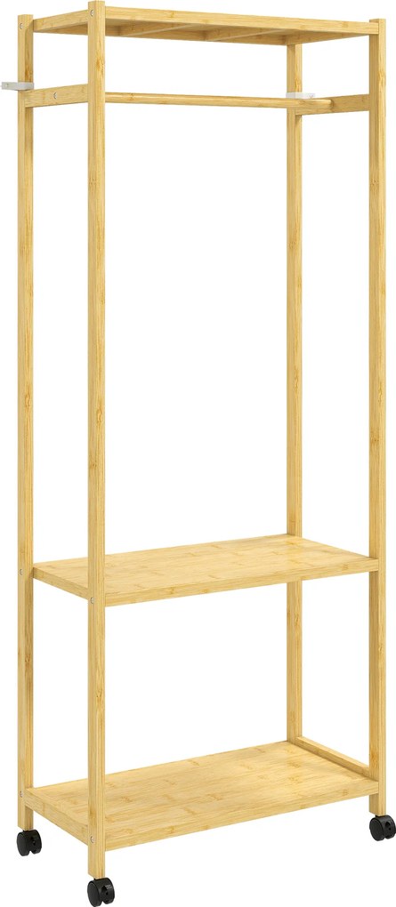 HOMCOM Cuier de Podea cu Bară și 4 Roți, Economisire Spațiu, Cuier din Bambus cu Rafturi Inferioare, pentru Dormitor, Hol, 70x35x175 cm, Lemn Natural | Aosom Romania