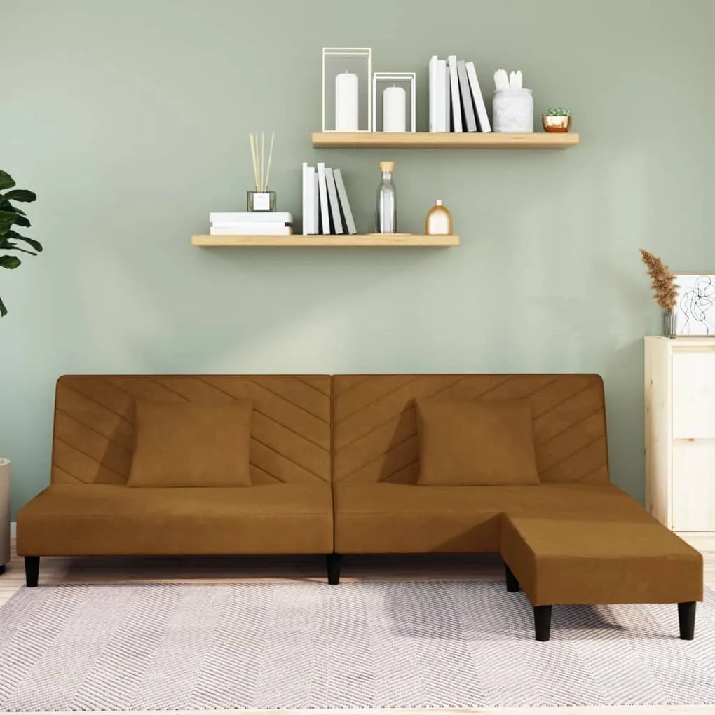 3081840 vidaXL Canapea extensibilă 2 locuri, 2 perne&taburet, maro, catifea