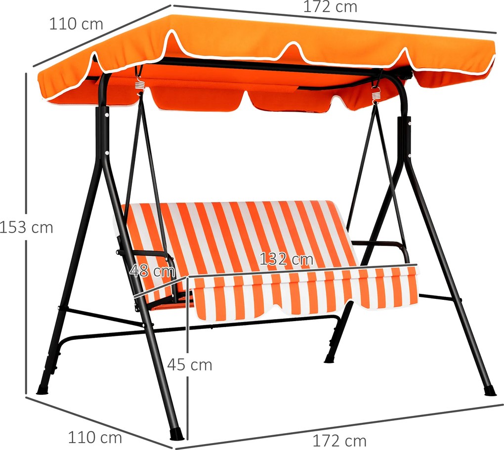 Outsunny Balansoar de Grădină Exterior Leagăn cu 3 locuri cu Copertină Reglabilă și Cadru din Oțel 172x110x153 cm Portocaliu | Aosom Romania