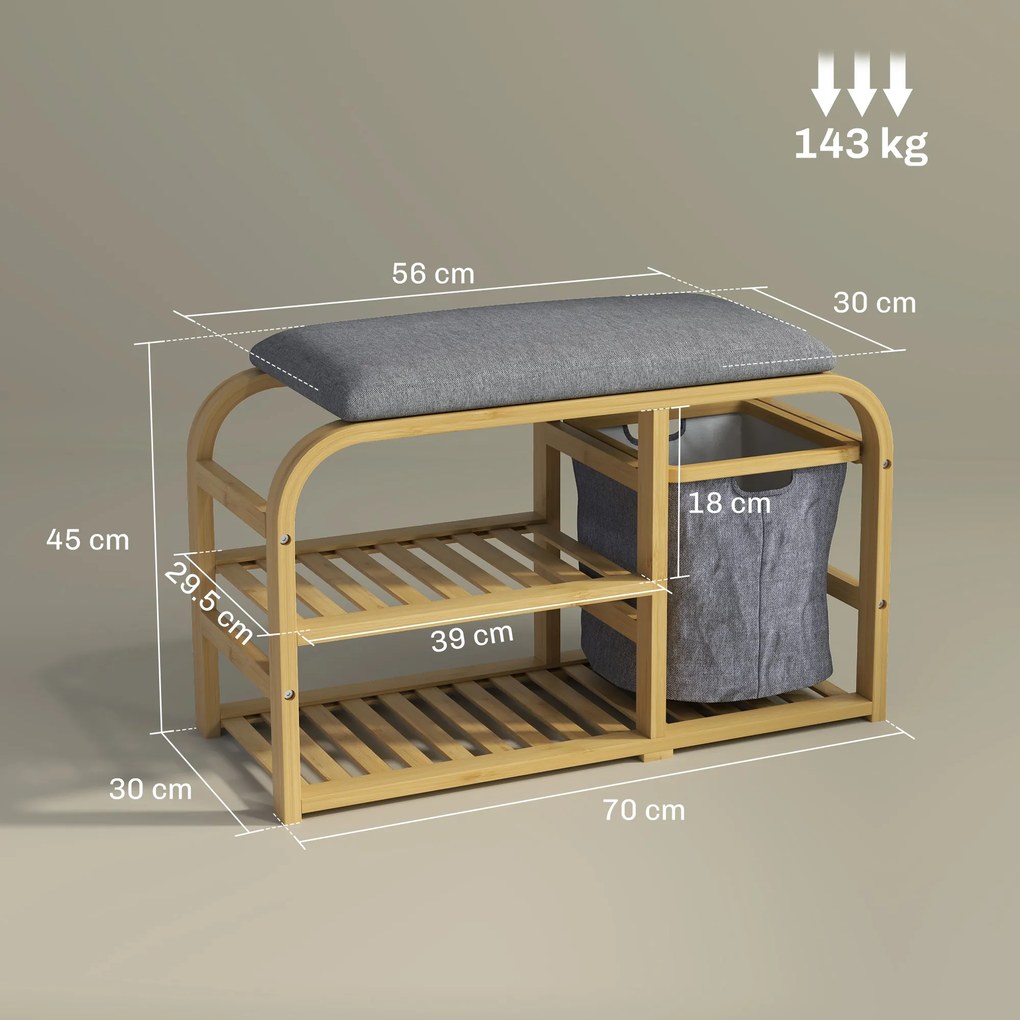 HOMCOM Bancă pentru Pantofi din Bambus cu 2 Rafturi și Coș Detașabil, 70x30x45 cm, Lemn | Aosom Romania