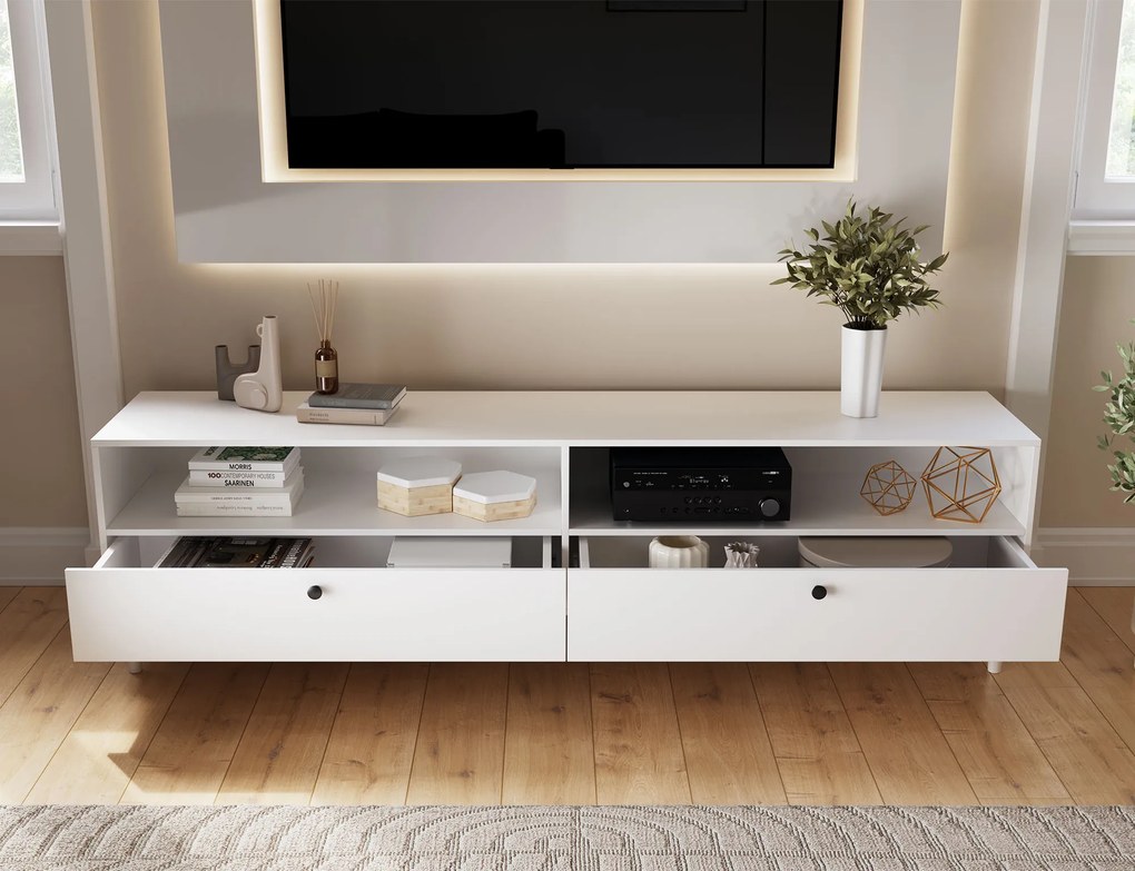 Dulap TV cu raft si dulapuri DULLUM 200x58cm, alb