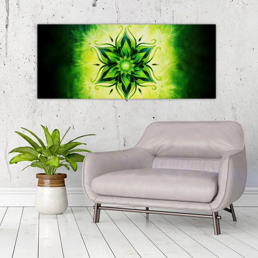 Tablou - Mandala de flori, fundal verde (120x50 cm)