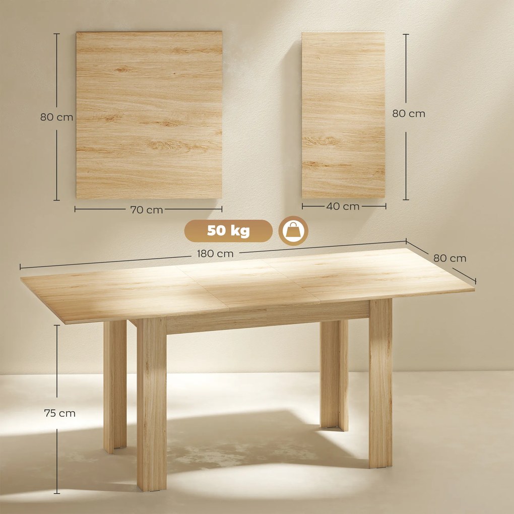 HOMCOM Masa extensibilă, 140-180 cm, finisaj lemn natural, pentru 6-8 persoane | Aosom Romania