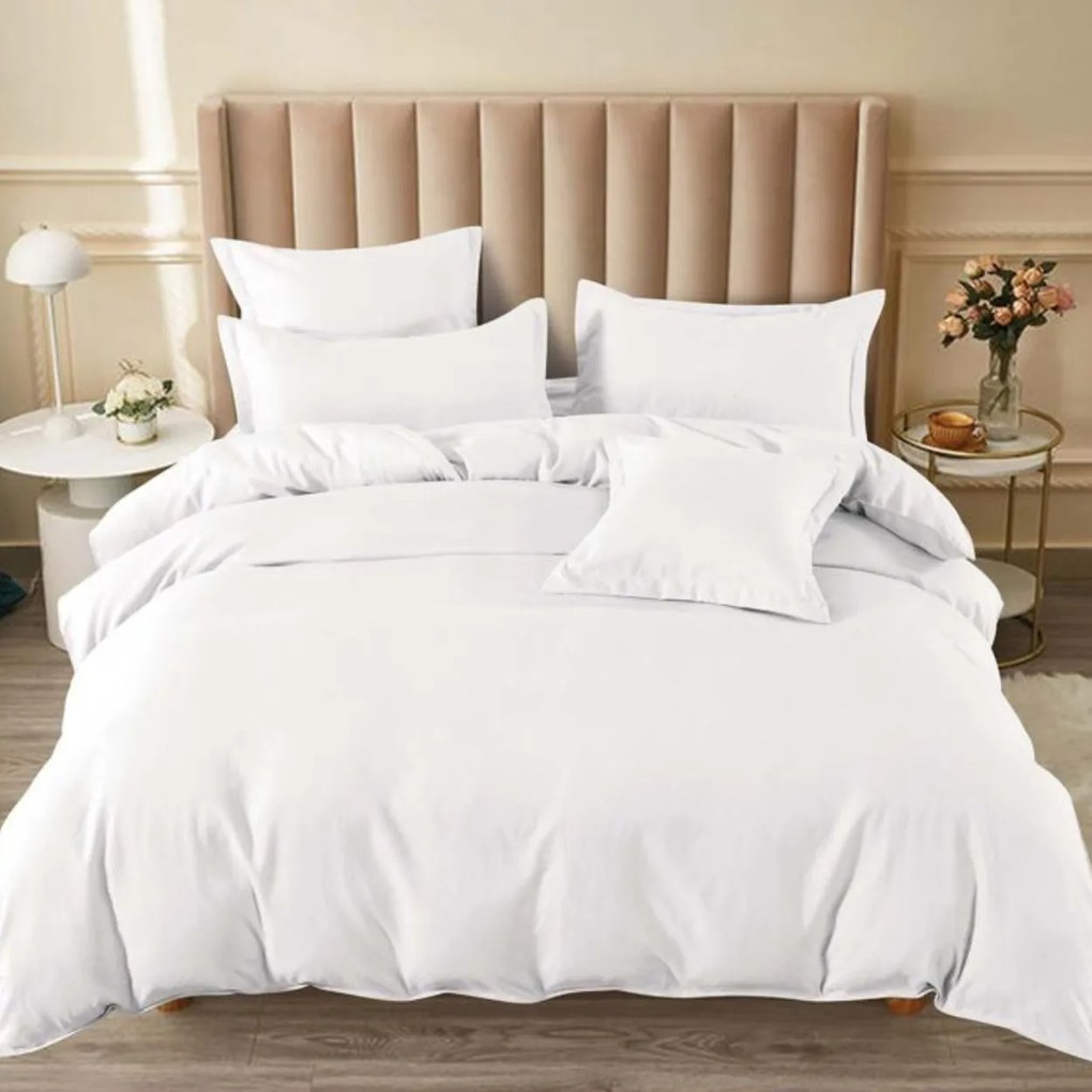 Lenjerie de pat cu elastic, bumbac tip finet, uni, pat 2 persoane, alb, 6 piese, FNE-166
