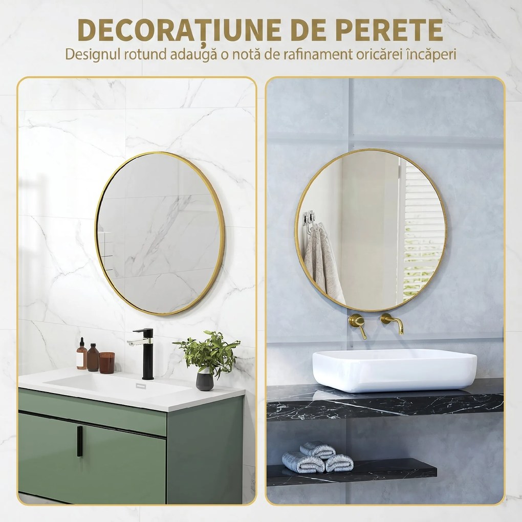 HOMCOM Oglindă Rotundă pentru Baie, din Sticlă și Oțel, Ø70x2.5 cm, culoare Auriu | Aosom Romania