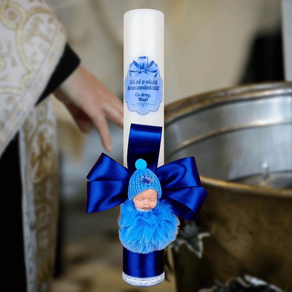Lumanare botez decorata Cu drag nasii albastru inchis 4,5 cm, 40 cm