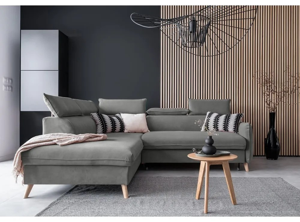 Colțar gri deschis extensibil cu tapițerie din catifea (cu colț pe partea stângă ) Sweet Harmony – Miuform