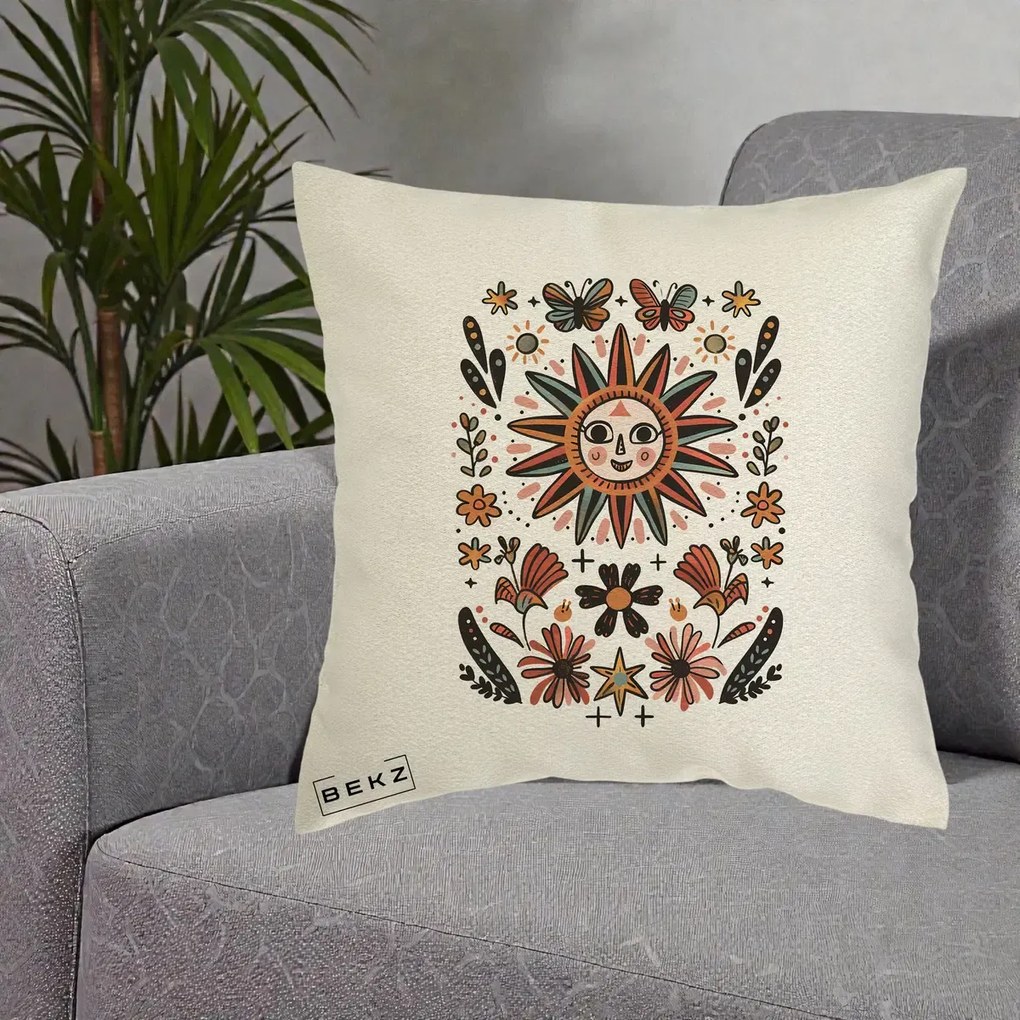 Perna Decorativa Soare Boho Folk Fluturi, 40x40 cm, Ecru, Husa Detasabila, Perna Inclusa, BEKZ®
