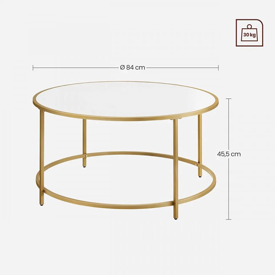 Masuta Cafea Rotunda, PAL Melaminat / Fier, Alb / Auriu, Vasagle, LCT091A10