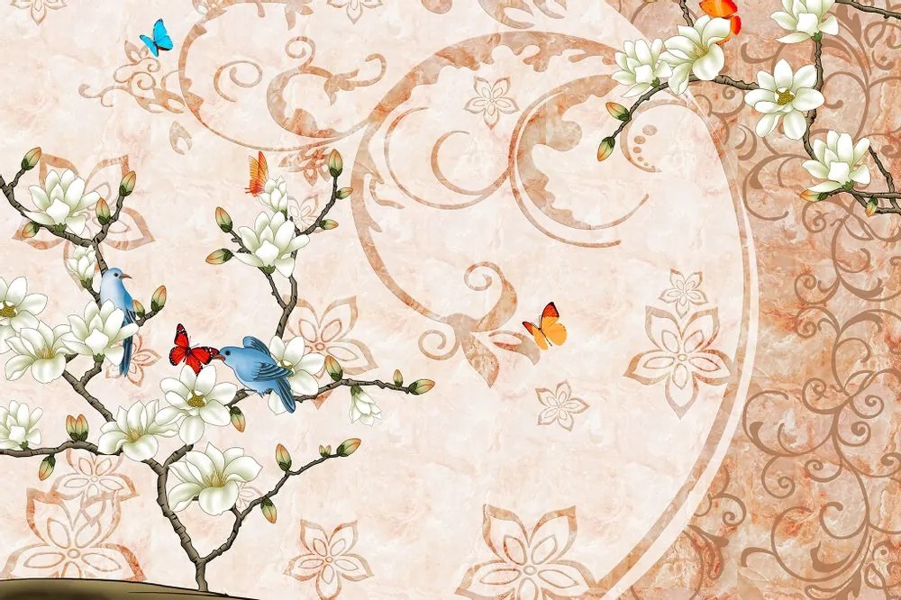 Tapet natura moartă vintage cu păsărici și fluturi