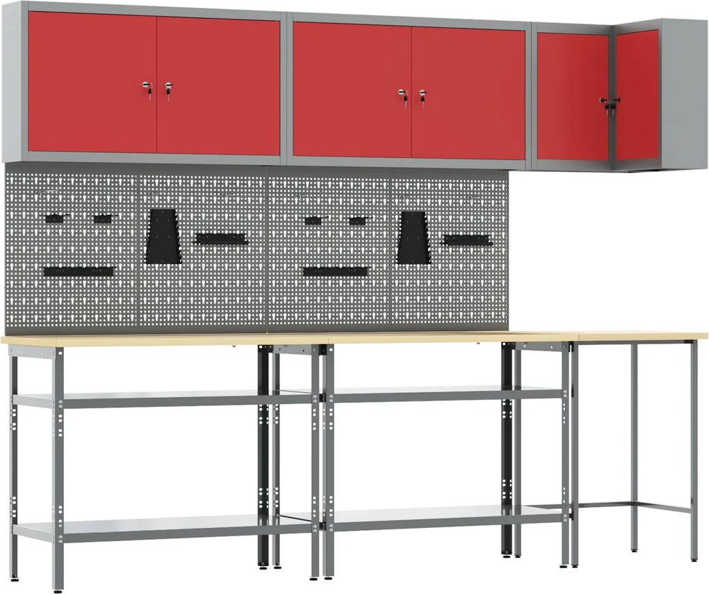 vidaXL Set de dulapuri de lucru cu raft Manual 10 pcs Roșu și gri