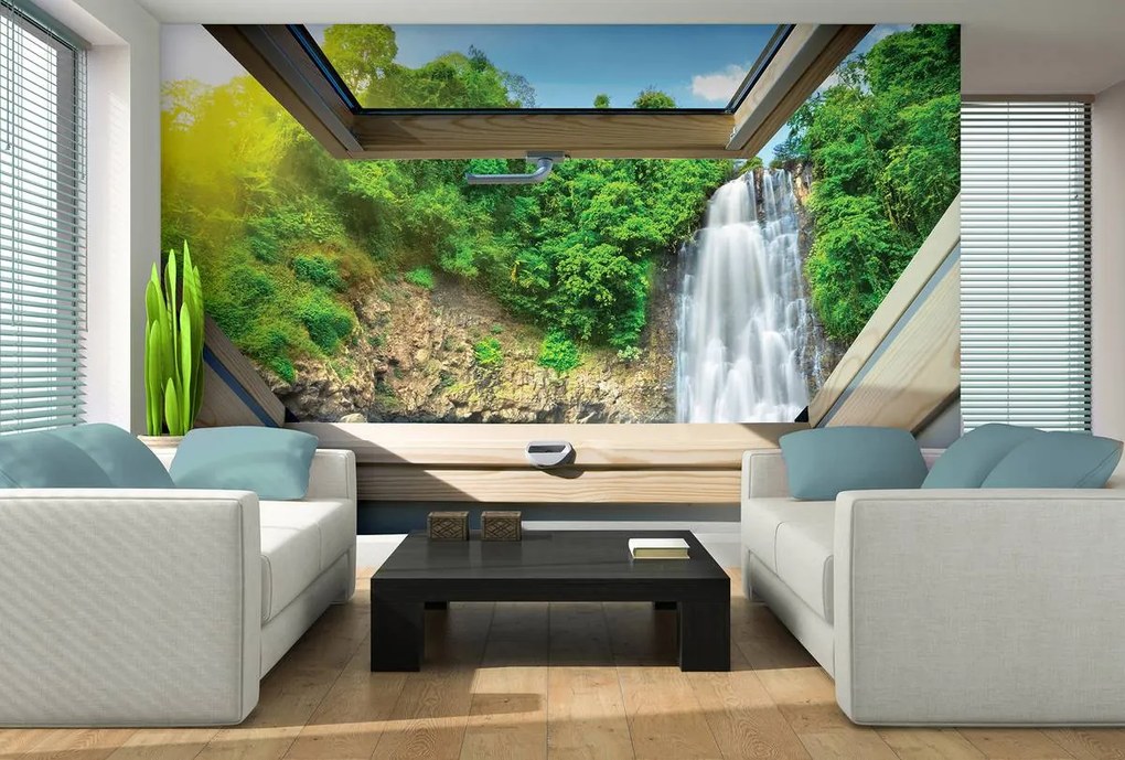 Fototapet - Privire spre cascade din geam (152,5x104 cm)