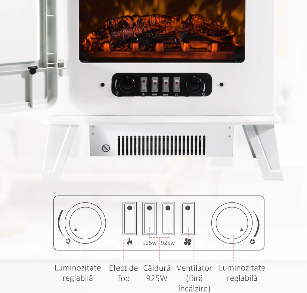 Homcom Soba Electrica de Sol cu Efect Flama Reglabila 1800W, Alb, 51x31x56cm
