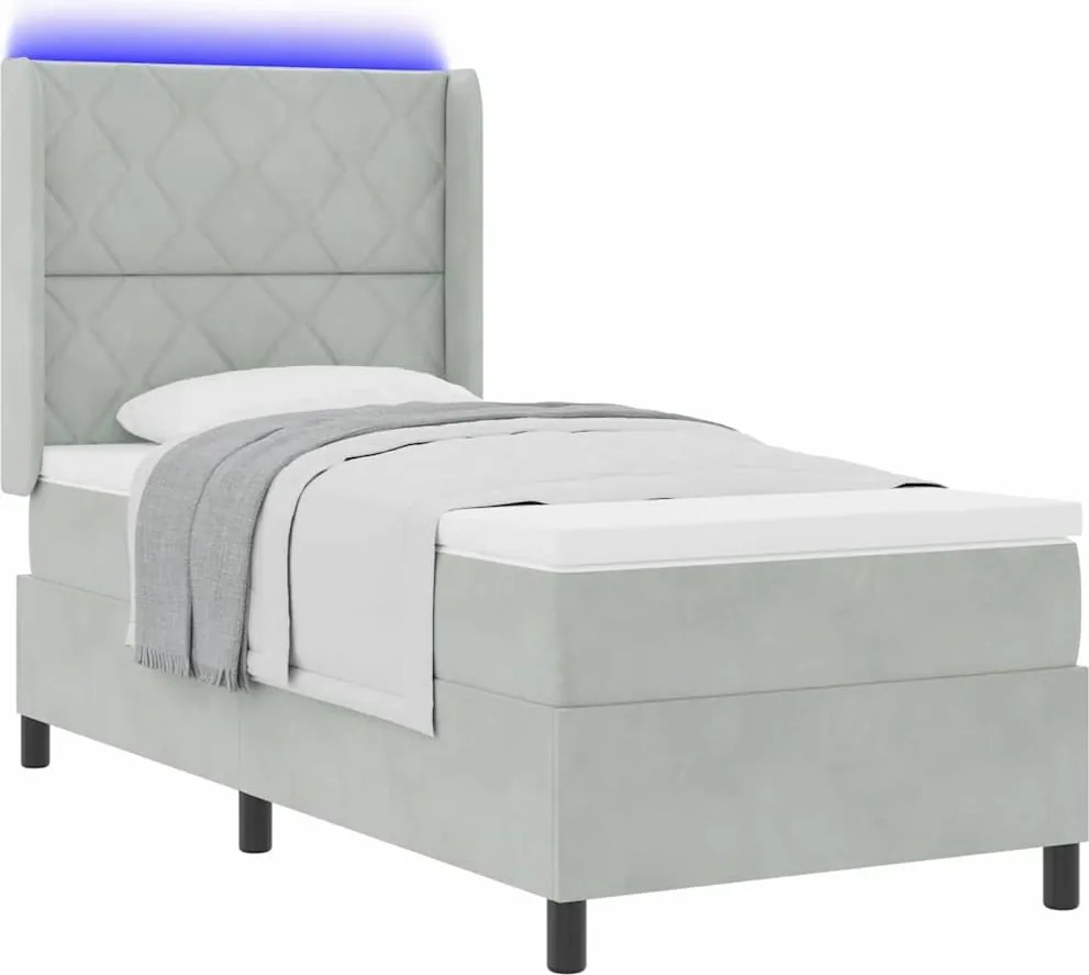 vidaXL Pat cu arcuri cu saltea cu led Gri deschis 90 x 190 cm Catifea