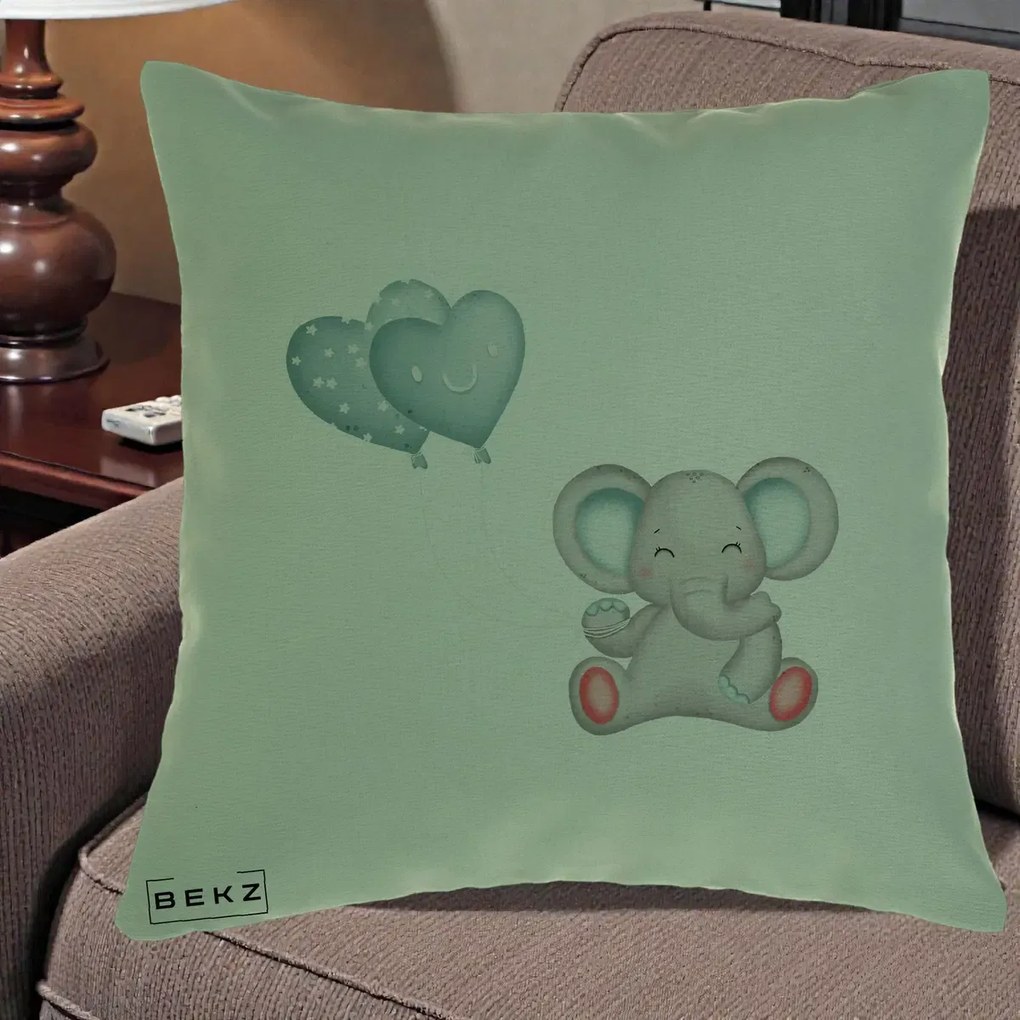 Perna Decorativa, Model Elefant si baloane in forma de inimioare, 40x40 cm, Verde, Husa Detasabila, Perna Inclusa, BEKZ®