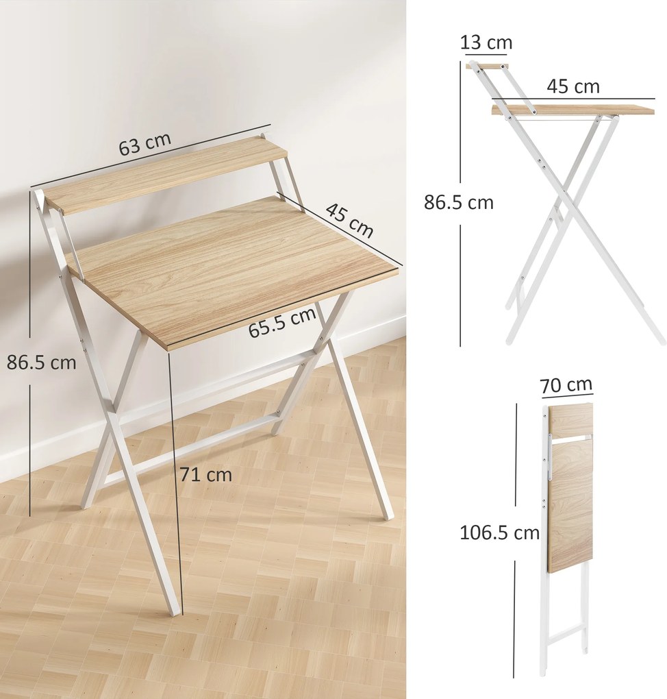 HOMCOM Birou pliabil 65,5 x 45 cm cu etajeră de depozitare pentru dormitor, spații mici, lemn natural | Aosom Romania
