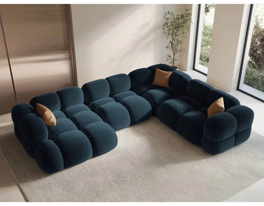 Colțar albastru închis cu tapițerie din catifea (cu colț pe partea dreaptă/în formă de "U") Loretto – Cosmopolitan Design