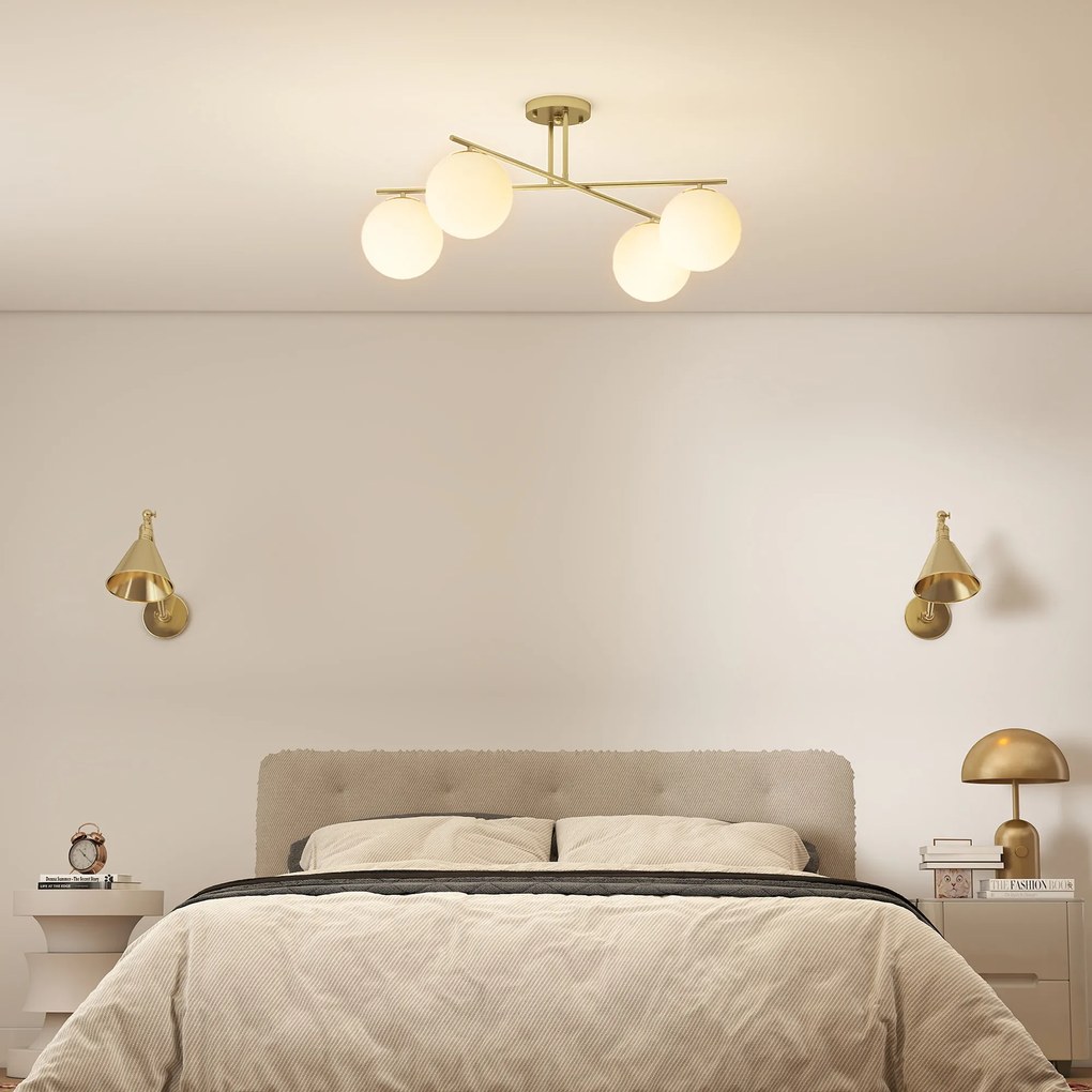 HOMCOM Plafonier candelabru modern cu 4 lumi cu soclu E14, montaj semi-aplatizat, aur si crem | Aosom Romania