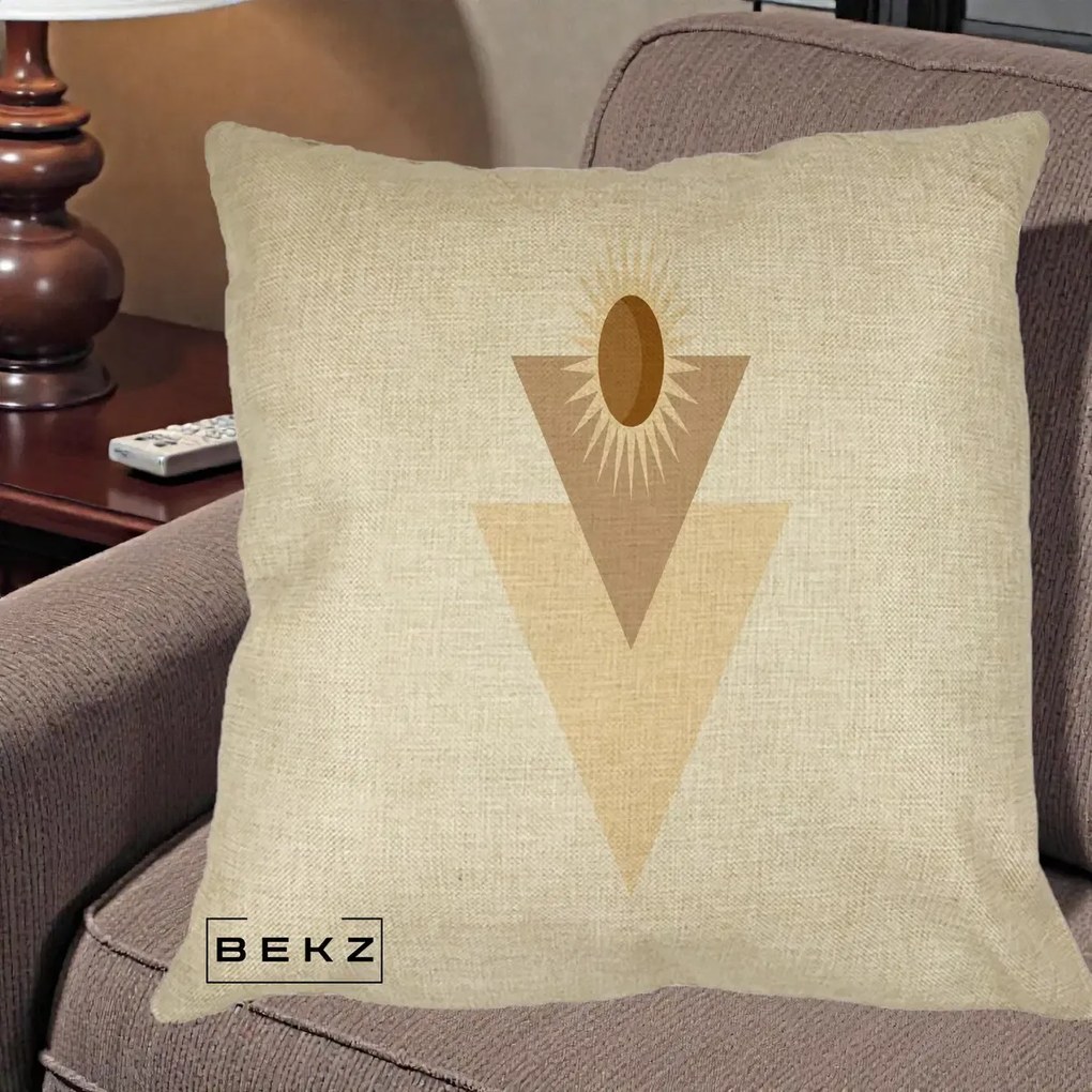 Perna Decorativa Boho Sun cu Triunghiuri Bej si Oval Solar, 40x40 cm, Crem, Husa Detasabila, Perna Inclusa, BEKZ®