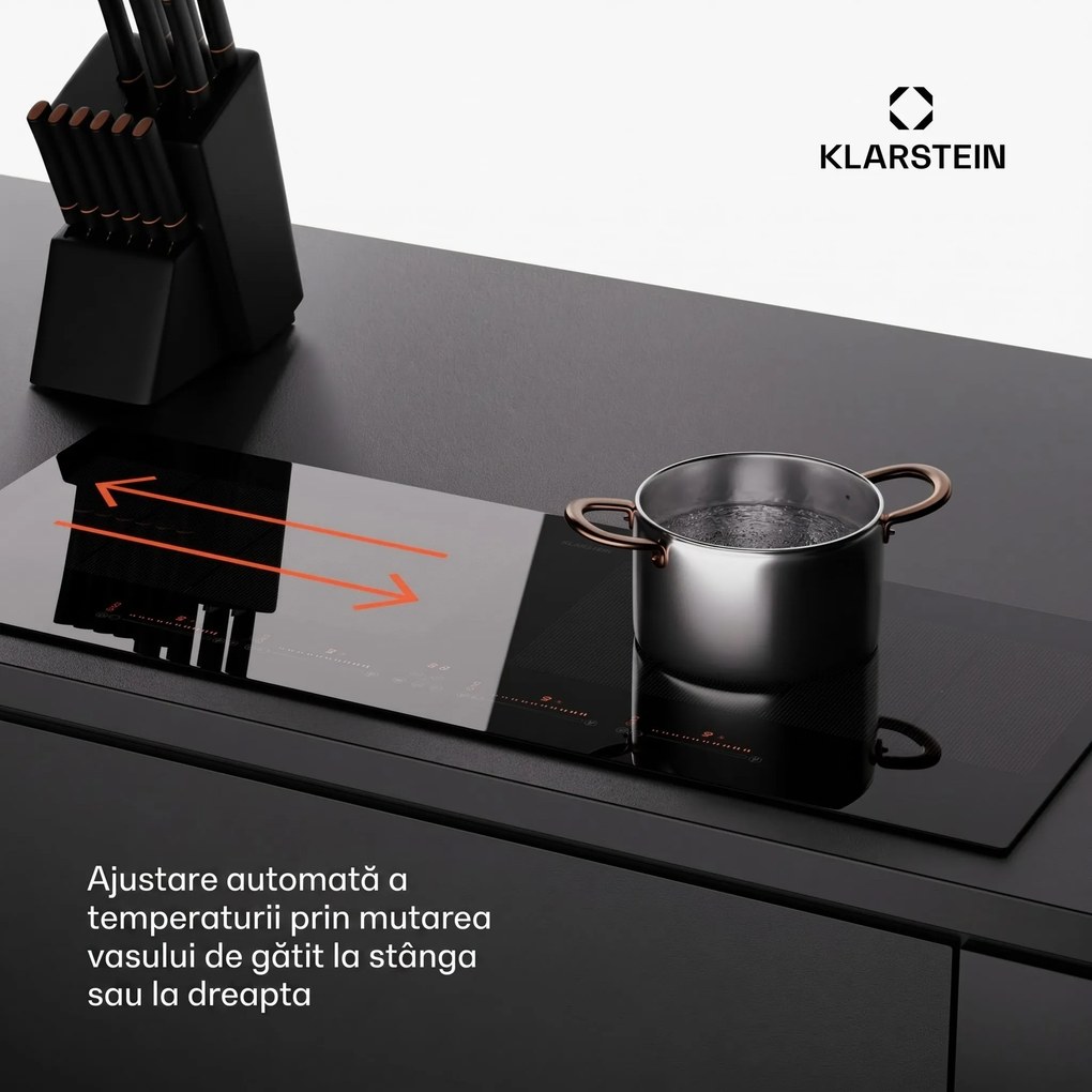 Klarstein Masterzone 90 Slim Flex, plită cu inducție, max. 7200 W, încorporat, 4 zone Flex, tehnologie ThermoBoost, Smart Flex